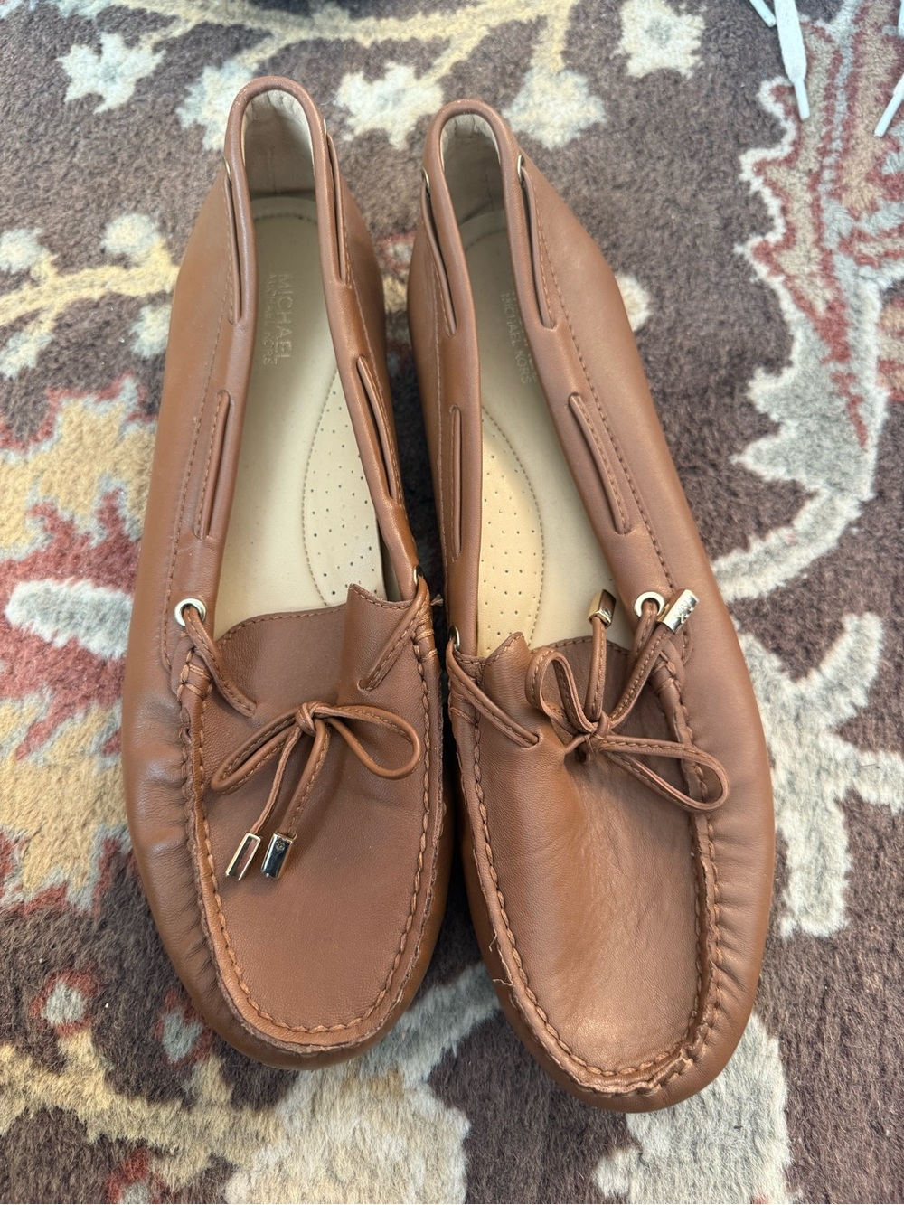 Michael Kors Tan Leather Moccasin Loafers with Bow Accent